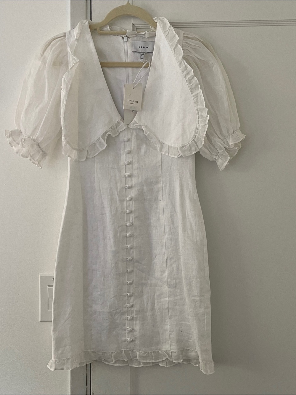 Joslin White Linen Mini Dress with Ruffle Statement Collar